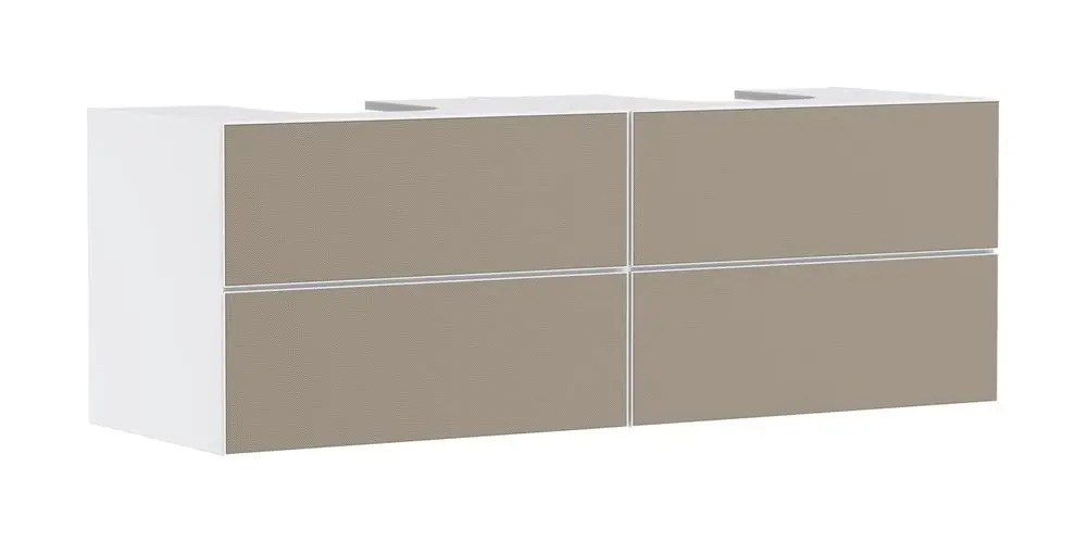 Waschtischunterschrank in Mattweiß mit vier Schubkästen. Ergonomische Aussparung an der Oberseite, passend für zwei Aufsatzwaschtische. Design von Hansgrohe.